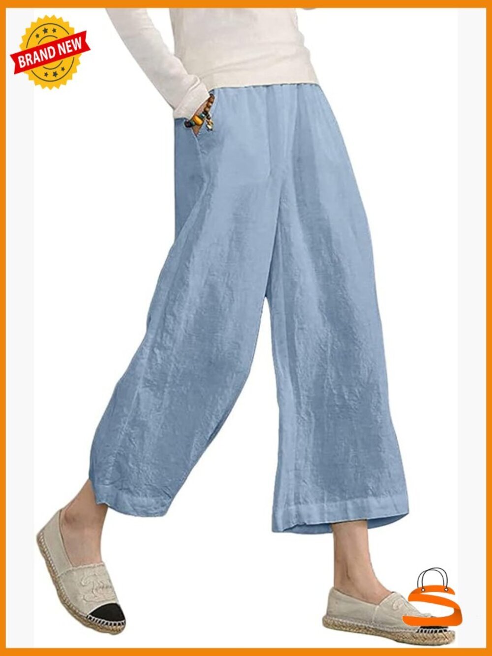 Linen Cropped Pants Wide Leg Elastic Waist Capri Cotton Palazzos